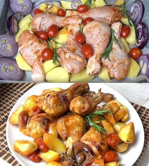 Gebackenes Huhn und Kartoffeln: das Rezept für die Zubereitung einer schmackhaften und vollständigen Mahlzeit