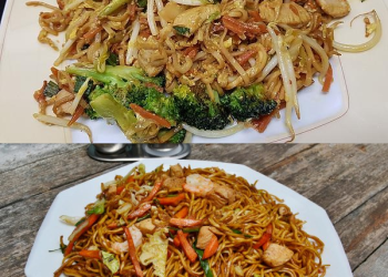 Chinesisch gebratene Nudeln mit Hühnchenfleisch, Ei und Gemüse