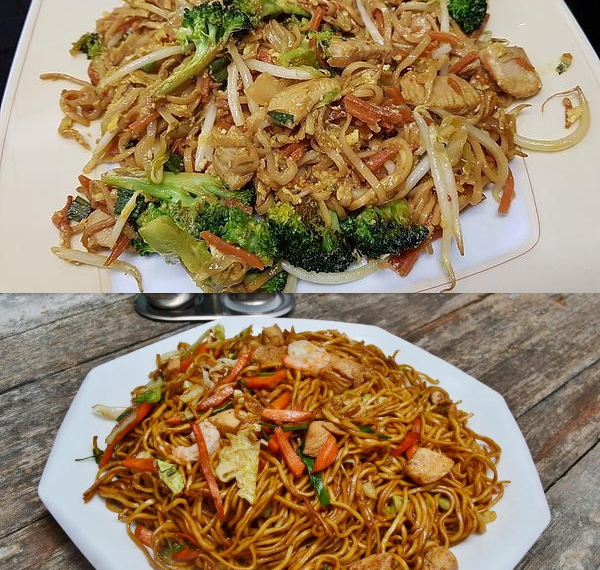 Chinesisch gebratene Nudeln mit Hühnchenfleisch, Ei und Gemüse