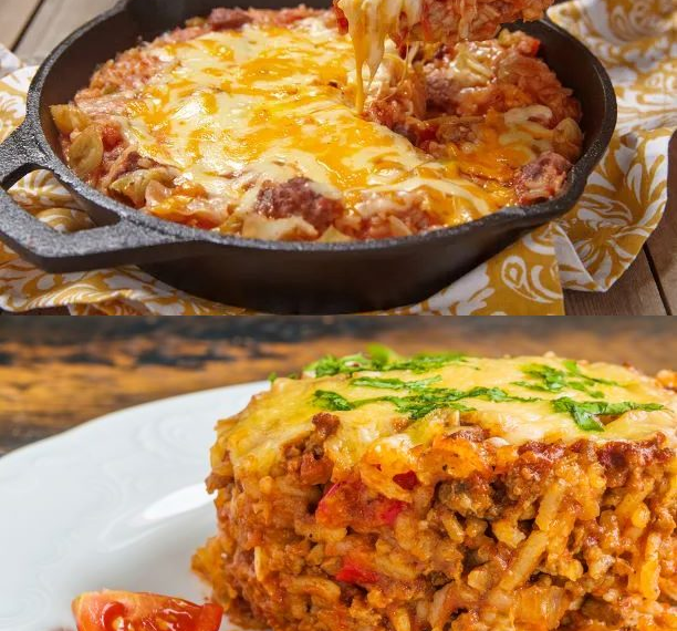 REIS HACKFLEISCH AUFLAUF MIT GESCHMOLZENEM KÄSE, SUPER LECKER !