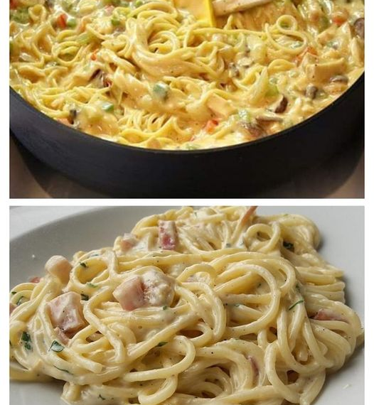 Spaghetti in Käse-Sahnesoße mit Schinken & Pilzen