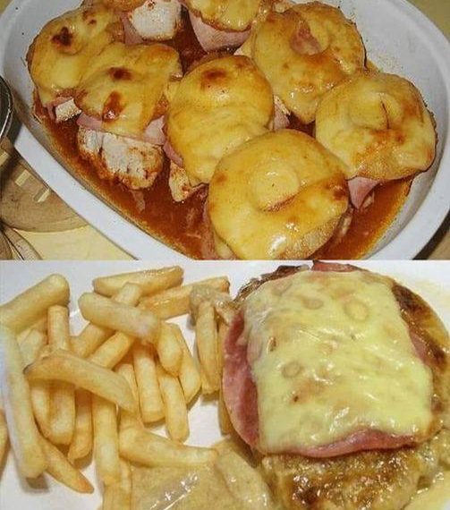 Ananas-Schinken-Schnitzel mit Käse überbacken