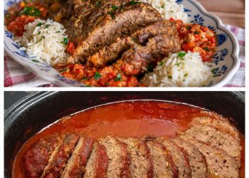 Paprika-Feta-Hackbraten aus dem Backofen mit Tomatensauce