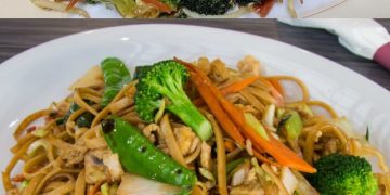 Chinesisch gebratene Nudeln mit Hühnchenfleisch, Gemüse und Ei