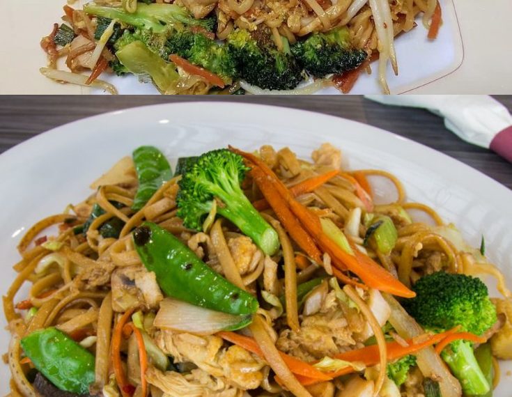 Chinesisch gebratene Nudeln mit Hühnchenfleisch, Gemüse und Ei