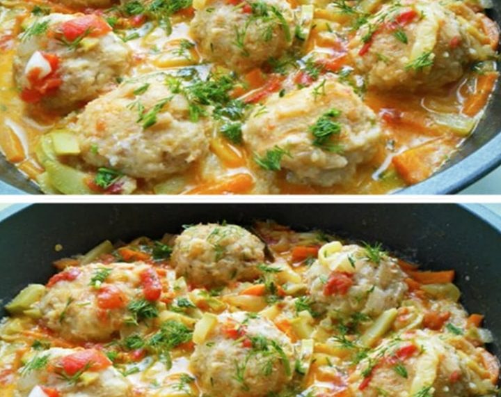 Hackbällchen in Gemüse Rahmsoße mit Reis