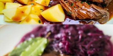 Rinderburgunderbraten mit Kartoffeln und rotkohl