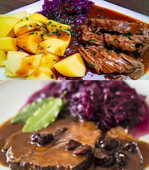 Rinderburgunderbraten mit Kartoffeln und rotkohl