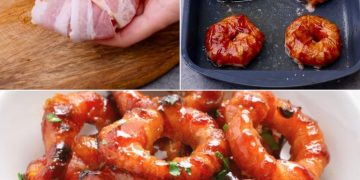 Mit Speck umwickelte Rinderzwiebelringe: knusprig und super lecker