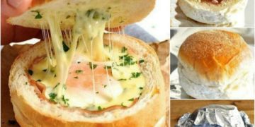 Ei-Schinken-Brötchen: Brötchen aufschneiden und aushöhlen, Schinken, Ei und Käse rein und ab in den Ofen!