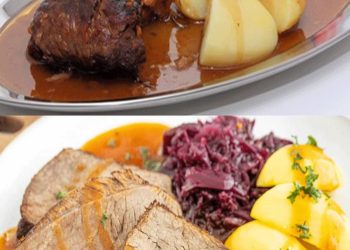 Rinderburgunderbraten mit Kartoffeln und rotkohl