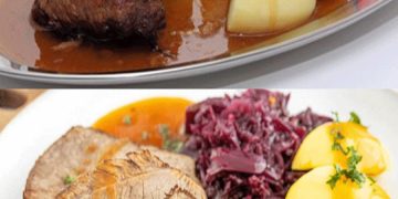 Rinderburgunderbraten mit Kartoffeln und rotkohl
