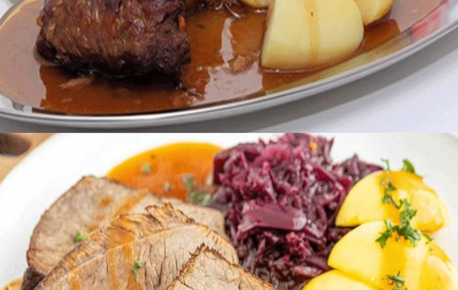 Rinderburgunderbraten mit Kartoffeln und rotkohl