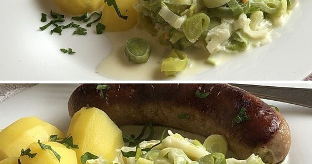 bratwurst, porreegemüse, neue kartoffeln mit bratfett