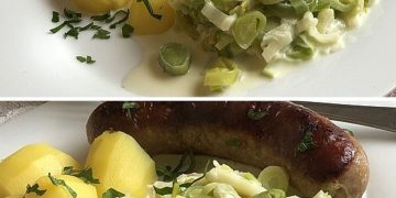 bratwurst, porreegemüse, neue kartoffeln mit bratfett