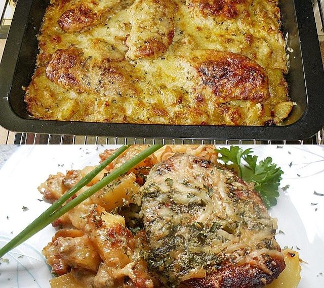 Lecker bratkartoffelauflauf mit Schnitzel