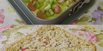 Rhabarberkuchen mit Quarkcreme und Streuseln