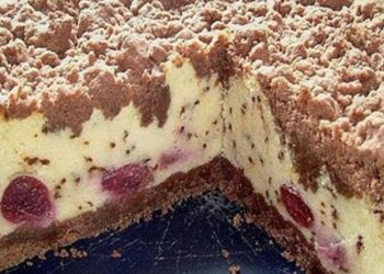 Quark Streuselkuchen mit Vanille Kirschfüllung, die Hälfte ist schon weg!