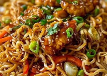 Chinesisch Gebratene Nudeln Mit Hühnchenfleisch, Ei Und Gemüse