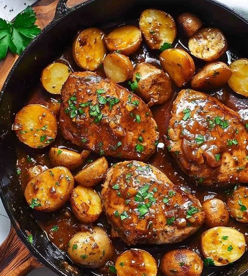 Honig-Senf-Schweinekoteletts Und Kartoffelpfanne