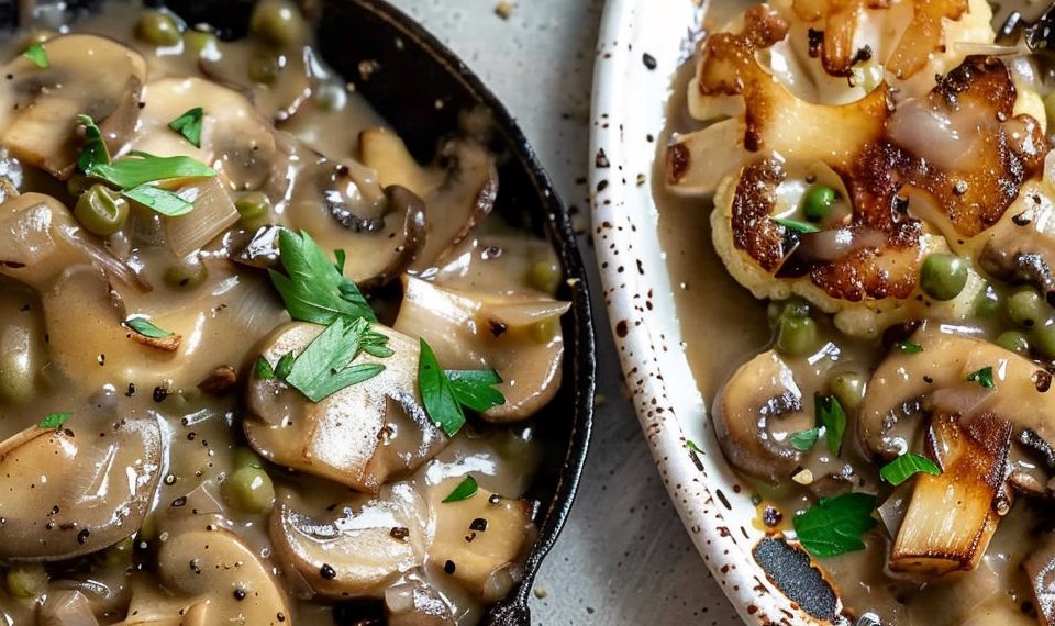 Einfache Blumenkohl-Champignonpfanne mit Mafaldine