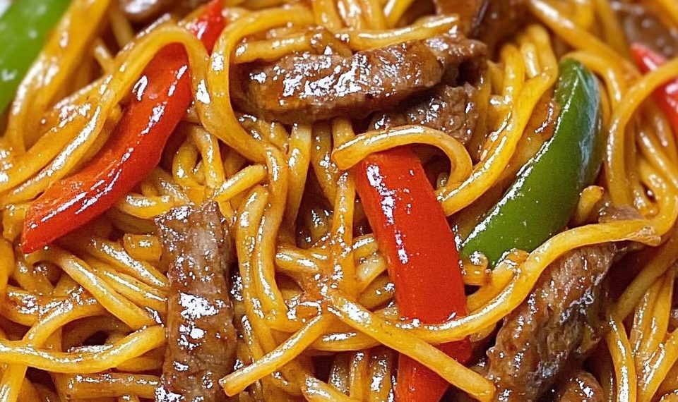 Rindfleisch mit Paprika, Zwiebeln und Nudeln