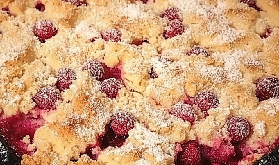 Pflaumenkuchen mit Streuseln auf dem Blech