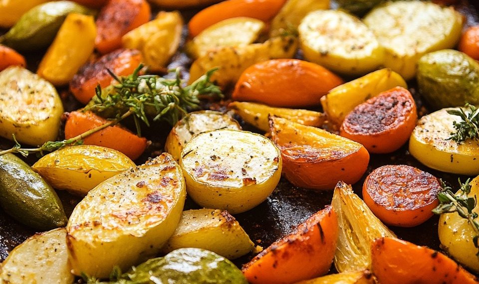 Schneiden Sie das Gemüse, legen Sie es auf das Backblech und würzen Sie es so, In 30 Minuten fertig
