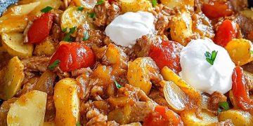 Kartoffel-Paprika-Pfanne mit Hackfleisch und Crème fraîche