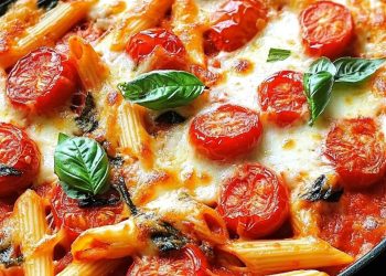 Cremiger Nudelauflauf mit Tomaten und Mozzarella , ein vegetarisches Gericht, das einfach glücklich macht
