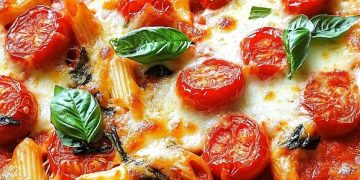 Cremiger Nudelauflauf mit Tomaten und Mozzarella , ein vegetarisches Gericht, das einfach glücklich macht