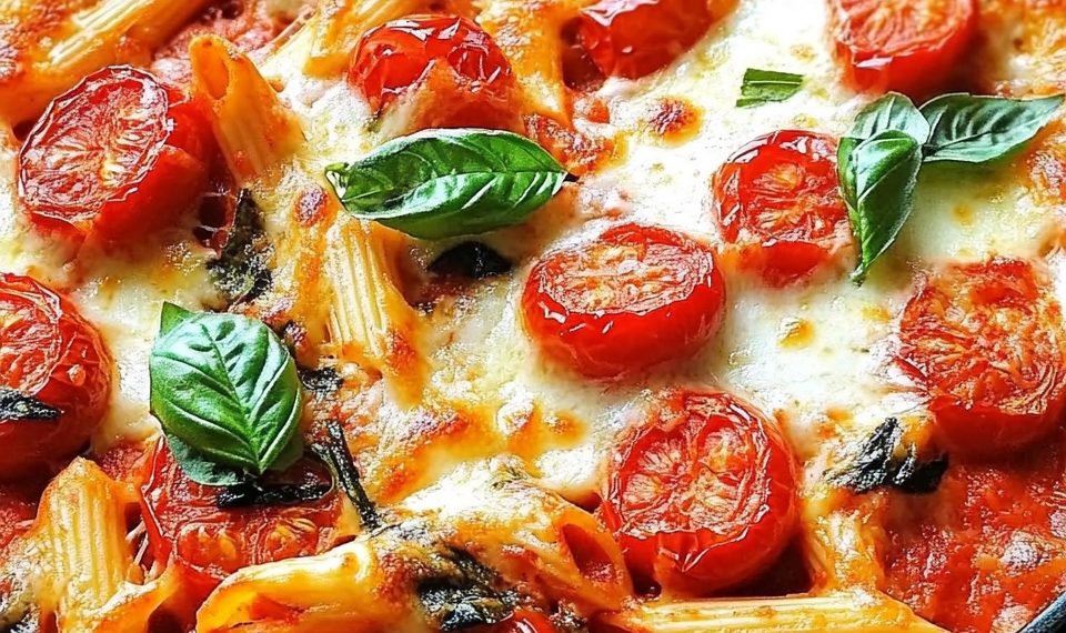 Cremiger Nudelauflauf mit Tomaten und Mozzarella , ein vegetarisches Gericht, das einfach glücklich macht