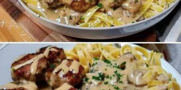 Nudeln mit Pilzsoße und Hackbällchen