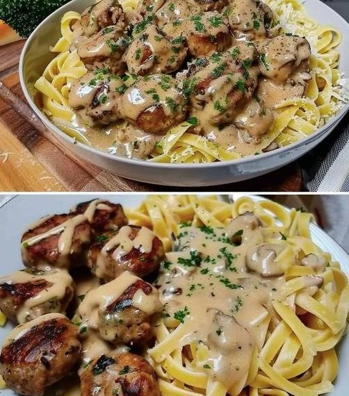 Nudeln mit Pilzsoße und Hackbällchen