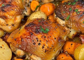 Abendessen in der Pfanne mit Hühnchen und Honig-Knoblauch-Sauce