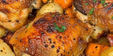 Abendessen in der Pfanne mit Hühnchen und Honig-Knoblauch-Sauce