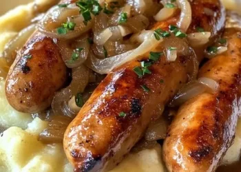  Würstchen und Kartoffelbrei mit Zwiebelsoße