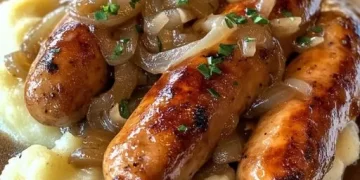  Würstchen und Kartoffelbrei mit Zwiebelsoße