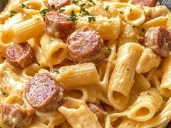 Wurst-Nudel-Pfanne mit Käse