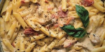 Cremige Hähnchen-Mozzarella-Pasta