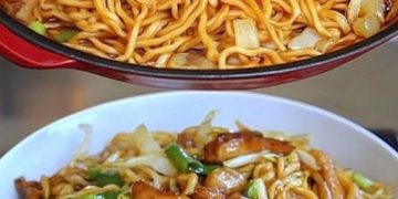 Gebratene Nudeln mit Hähnchenfleisch