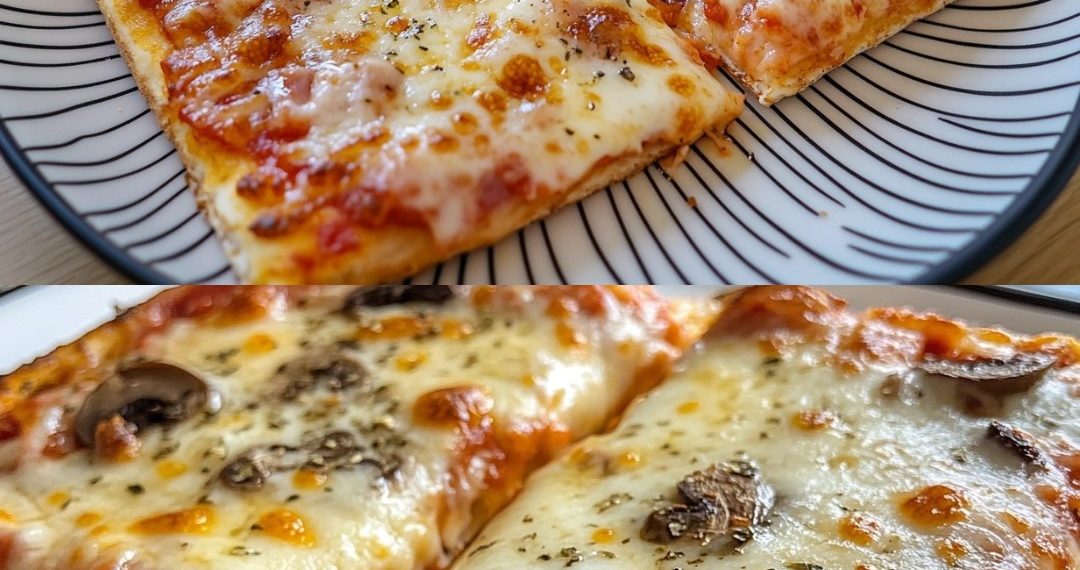  Frisch gebackene Pizza – Mit selbstgemachtem Pizzateig, Tomatensauce, Champignons, Schinken und Käse! 