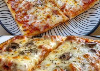  Frisch gebackene Pizza – Mit selbstgemachtem Pizzateig, Tomatensauce, Champignons, Schinken und Käse! 