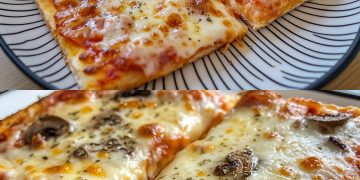  Frisch gebackene Pizza – Mit selbstgemachtem Pizzateig, Tomatensauce, Champignons, Schinken und Käse! 