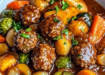 Deftiger Rosenkohleintopf mit würzigen Hackbällchen und Gemüse