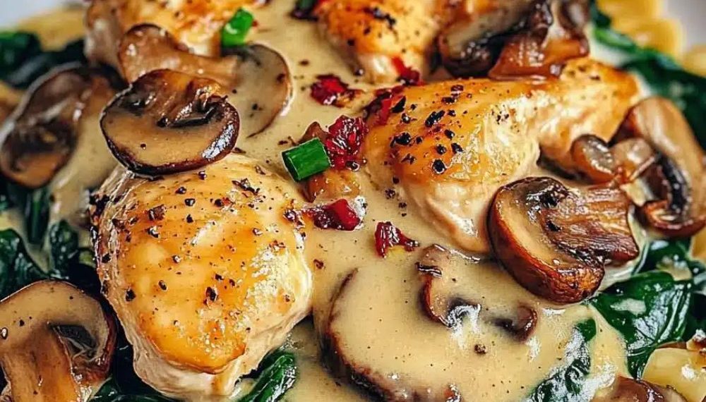 Spinat Hähnchen in leckere Champignons Knoblauchsauce in 15 Minuten
