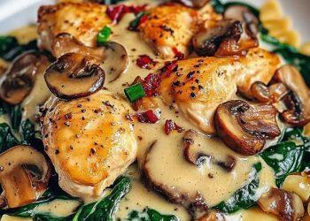 Spinat Hähnchen in leckere Champignons Knoblauchsauce in 15 Minuten