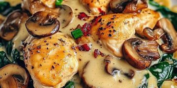 Spinat Hähnchen in leckere Champignons Knoblauchsauce in 15 Minuten