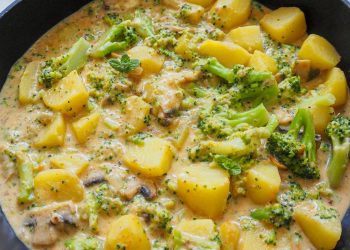Diese Kartoffel Brokkoli Pfanne mit Käse-Soße ist vegetarisch, gesund und mega lecker