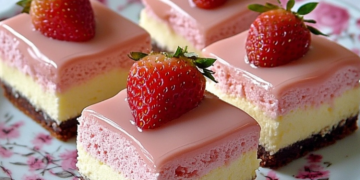 Käsekuchen mit weißer Schokolade und Erdbeermousse 